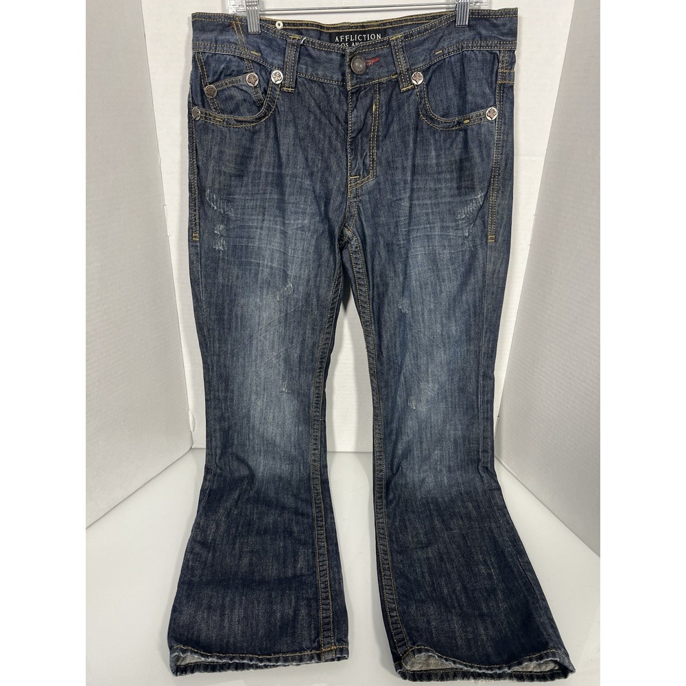 Affliction Cooper Relaxed Boot Cut Jeans 34x34 Fit (36x33) Distressed Cyber‎ 112